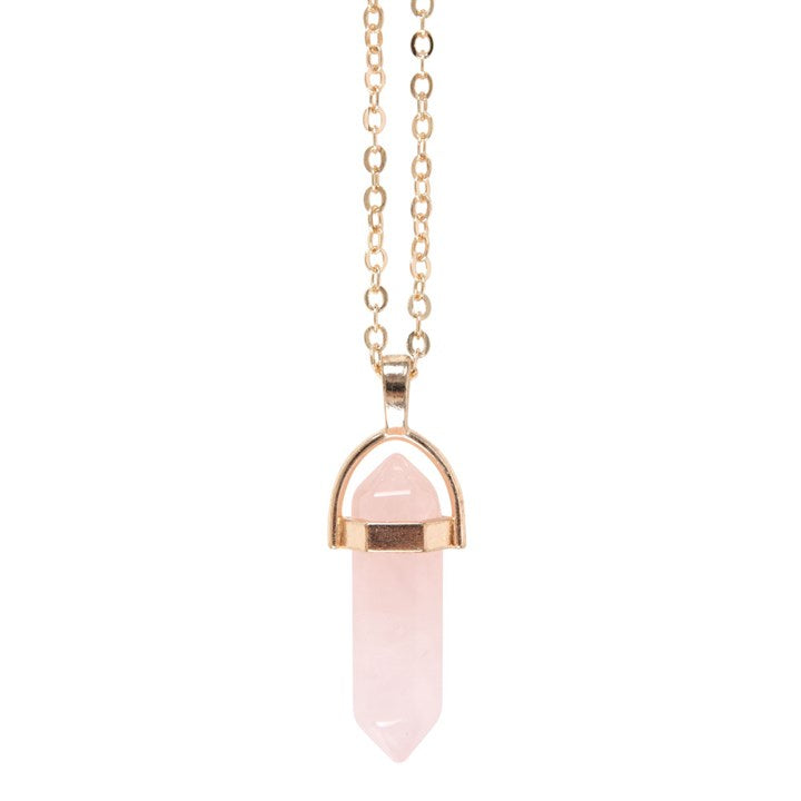 A Rose Quartz double pointed necklace with gold tones. 