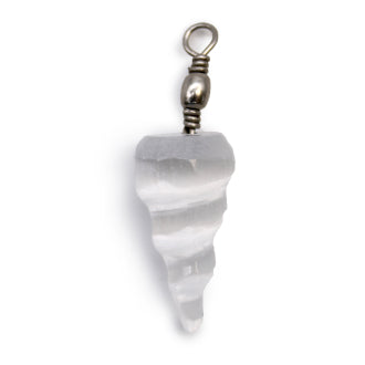 A Selenite spiral pendant  against a white background 