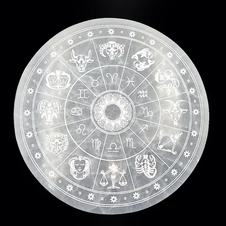 Circular design with zodiac symbols on a black background