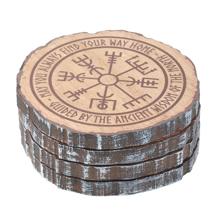 Set of wooden coasters with Viking symbol and text on a white background
