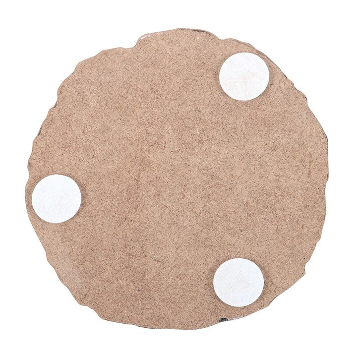 Underneath picture of a round coaster with three white feet.