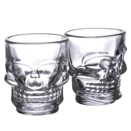 Two skull themed shot glasses on a white background