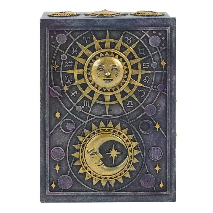 A dark blue sun, moon and zodiac themed resin storage box