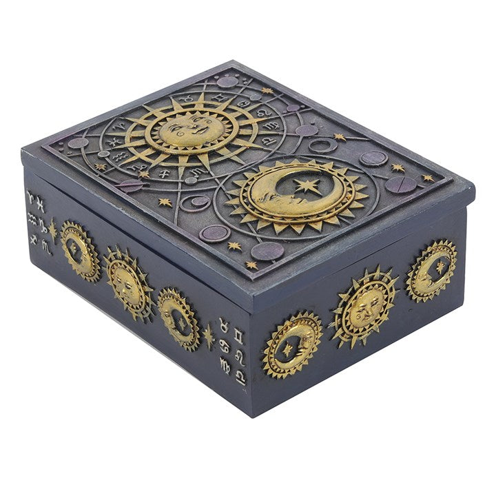A dark blue sun, moon and zodiac themed resin storage box 