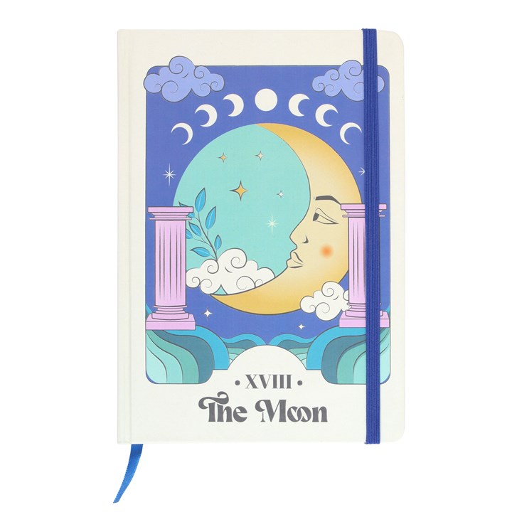 A5 celestial notebook with a design inspired by 'The Moon' tarot card, featuring a moon, moon phases, and clouds motif on the cover