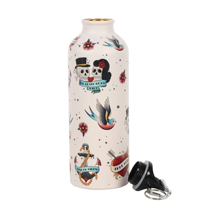 Old school tattoo skull, bird and anchor themed water bottle with screw lid. 