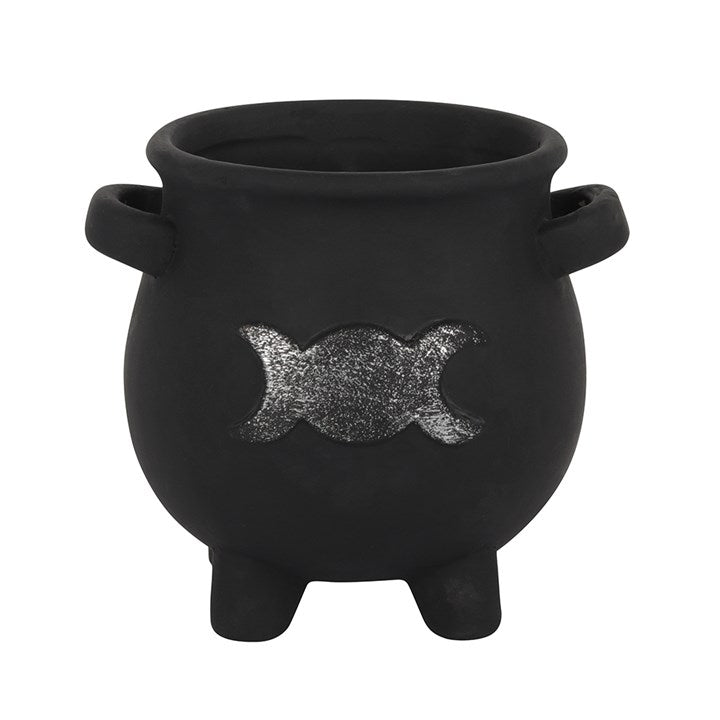 A black terracotta cauldron plant pot with a silver triple moon design against a white background
