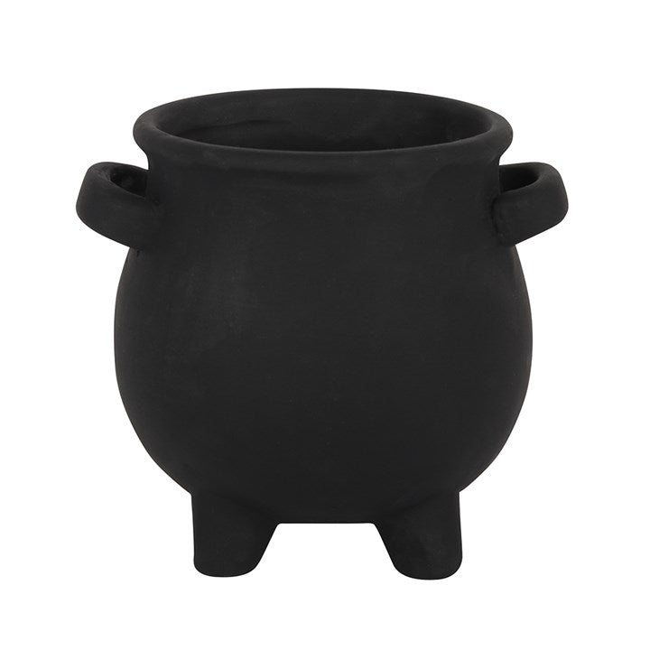 A black terracotta cauldron plant pot against a white background