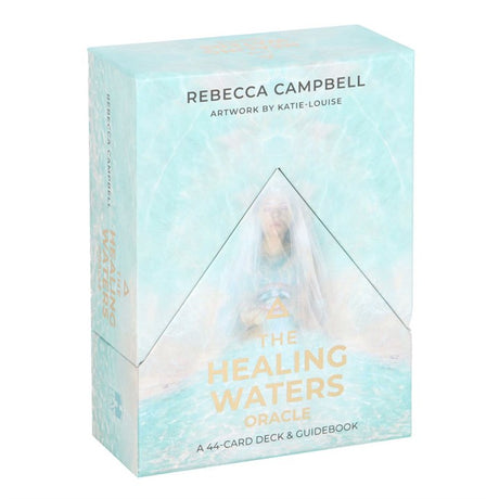 A boxed set of 'The Healing Waters Oracle Cards' by Rebecca Campbell and Katie-Louise, featuring a white and teal colour scheme with artistic illustrations of a woman with flowing white hair and water-related symbols.