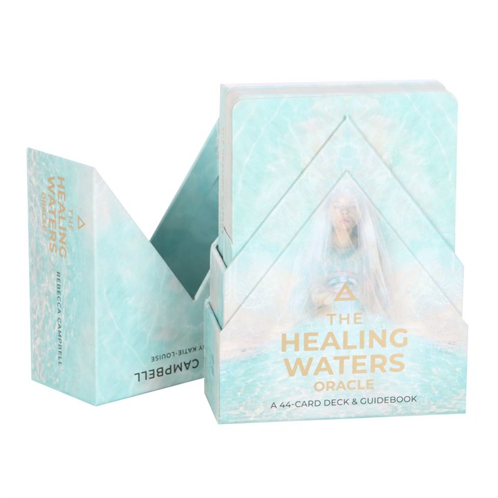 A pale blue oracle card deck The Healing Waters - lid is off showing a triangle design. 