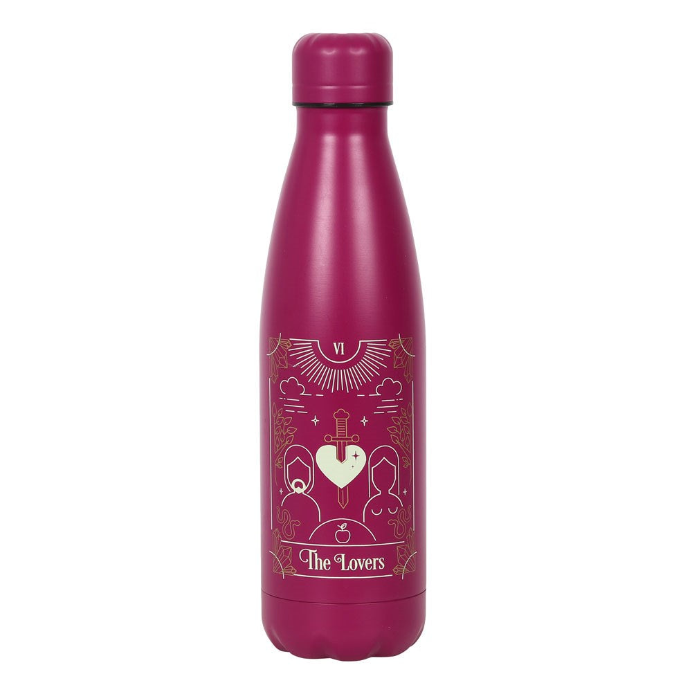 A pink metal water bottles featuring a lovers tarot card illustration.