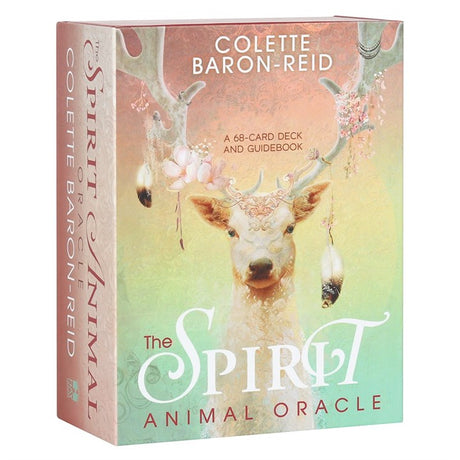 A boxed set of oracle cards by Colette Baron-Reid featuring a stag on the front with feathers and flowers on its antlers 