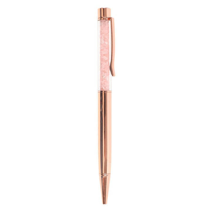 A rose quartz chip filled pen