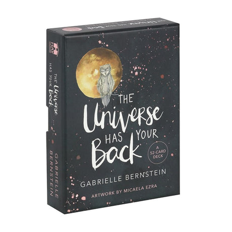 The image shows a boxed set of 'The Universe Has Your Back' Oracle Cards by Gabrielle Bernstein with a graphic of a moon and stars on the cover.