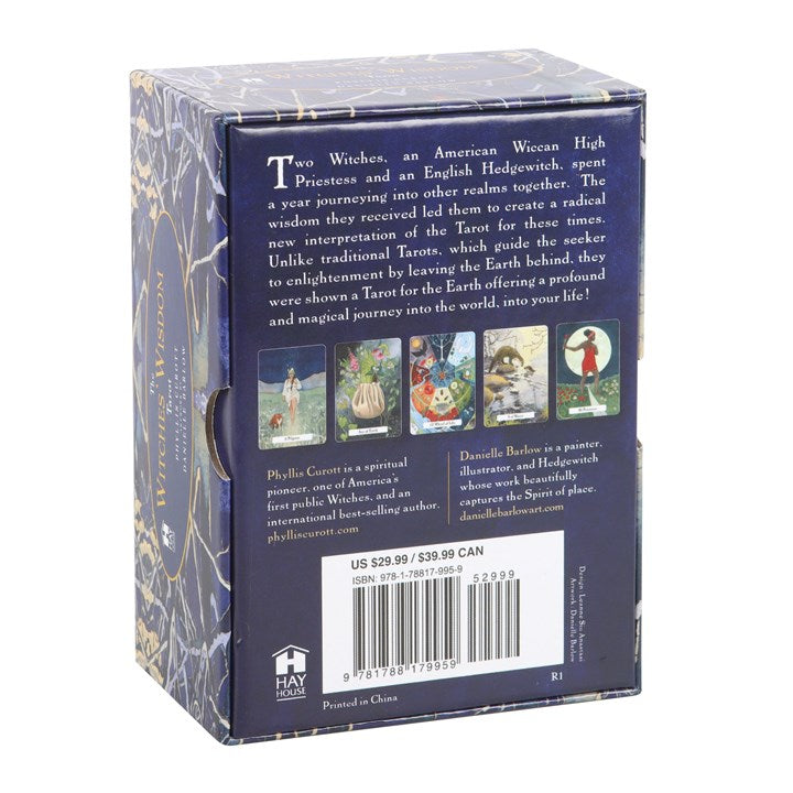 The back of the blue boxed set of "The Witches' Wisdom" Tarot cards with a description and some images. 
