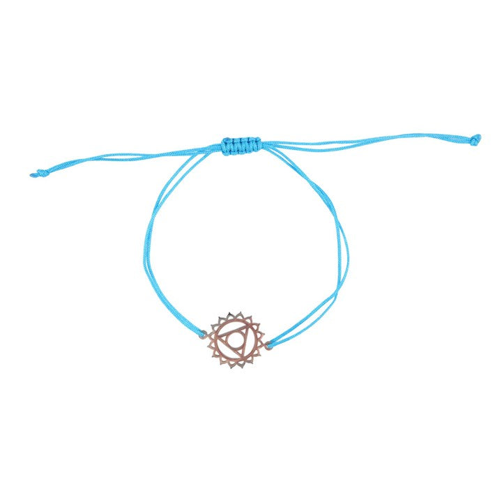 A Throat Chakra charm bracelet with a blue band and a silver charm against a white background 