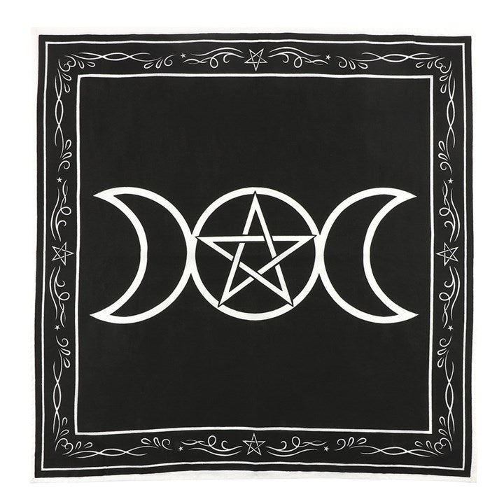 A black cotton altar cloth with a white printed design featuring a triple moon and pentagram