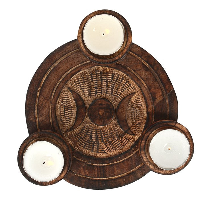 Wooden Triple Moon Tea Light Candle Holder