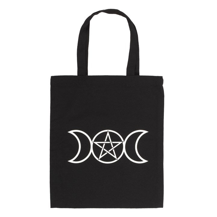 A black cotton tote bag with a triple moon and pentagram design 