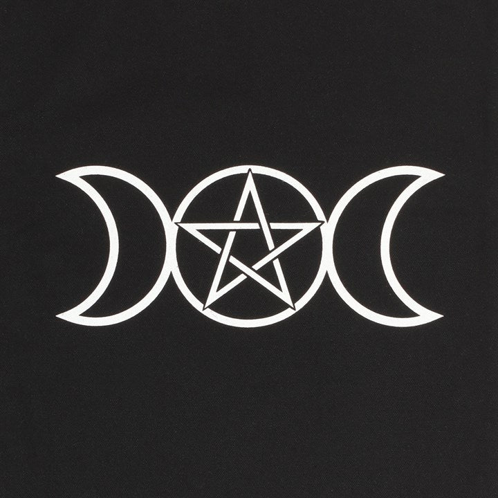 A black cotton tote bag with a triple moon and pentagram design 