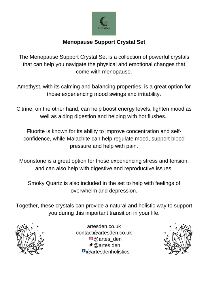 A "Menopause Support Crystal Set" sheet with explanations for each crystal used in the set and why