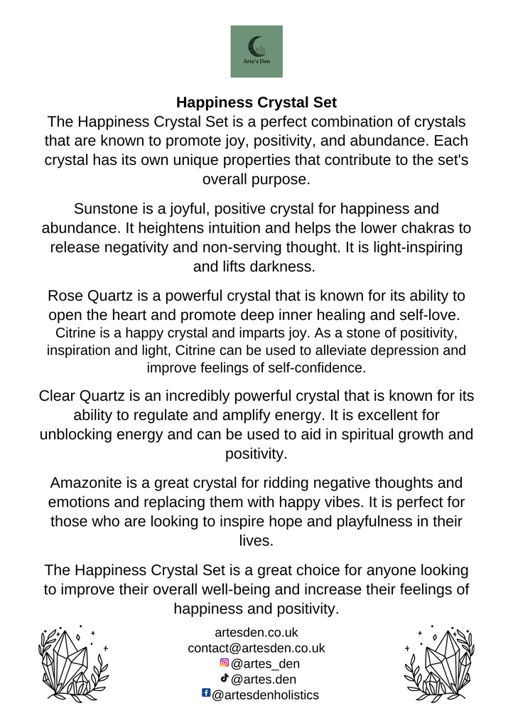 A "Happiness Crystal Set" explanation of the contents and why each crystal has been chosen 