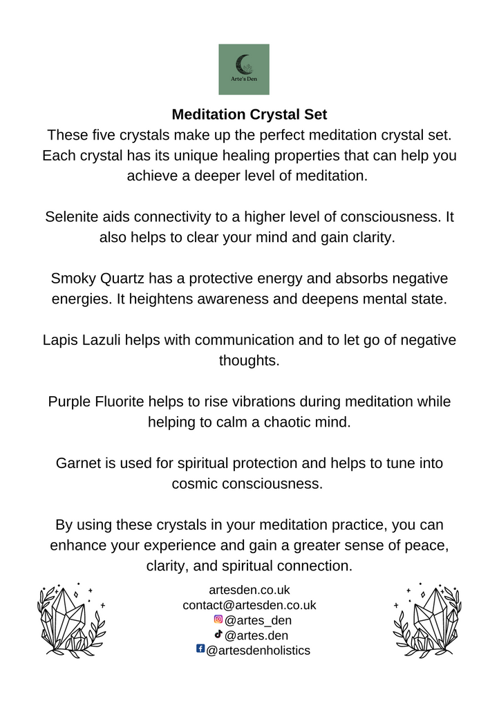 A "Meditation Crystal Set" explanation with each crystal listed in the bag and why.
