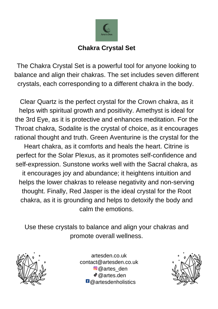 A "Chakra Crystal Set" explanation sheet