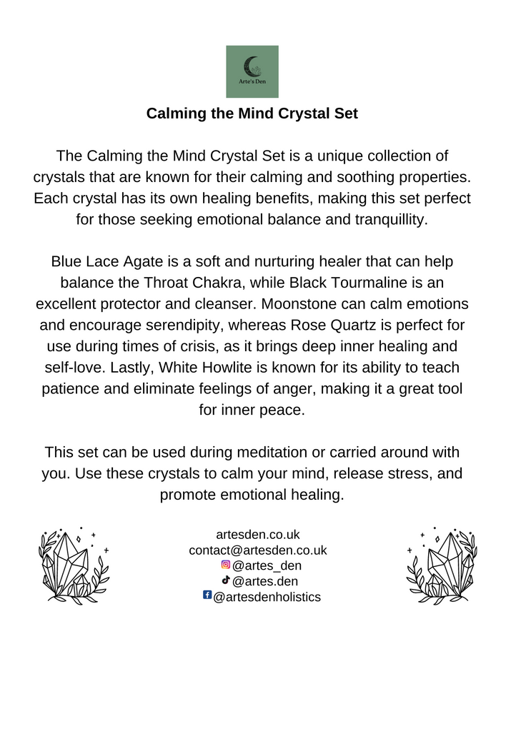 A "Calming the Mind Crystal Set" explanation sheet