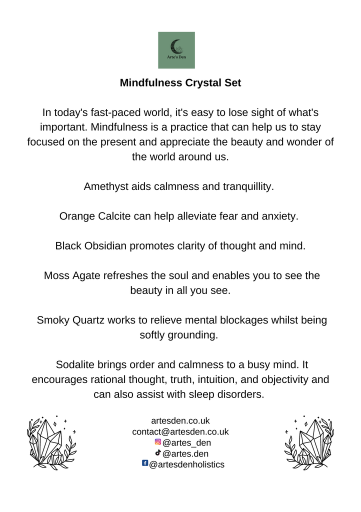 A "Mindfulness Crystal Set" sheet of paper with explanations on each crystal in the set and how they help