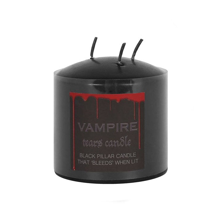 A pillar-shaped red wax candle with three wicks, named Vampire Tears