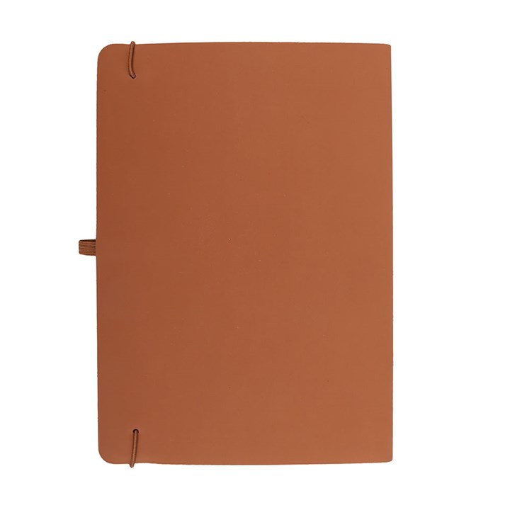 Brown notebook with a strap on a white background