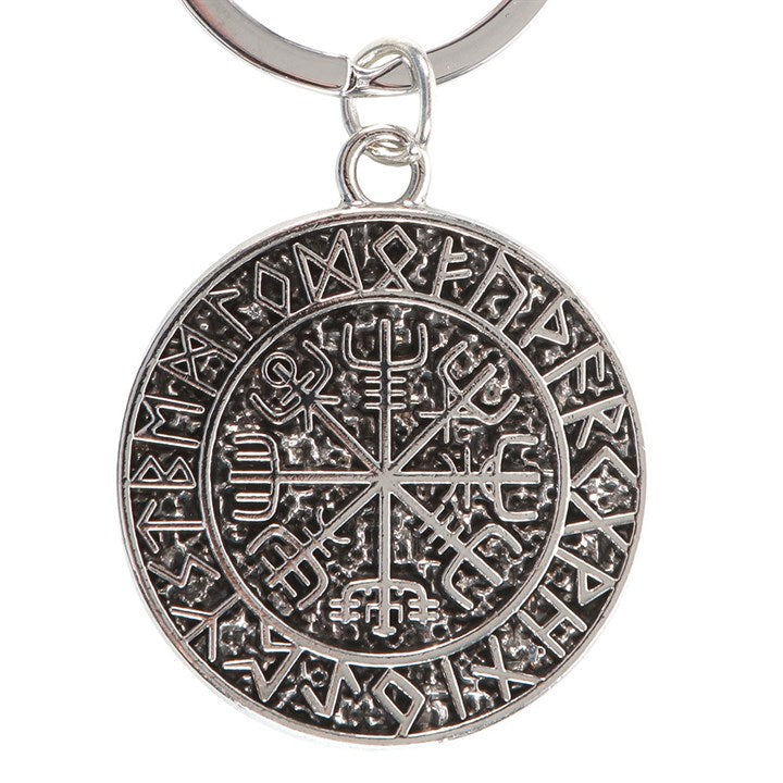 Silver keychain with Runes design on a white background