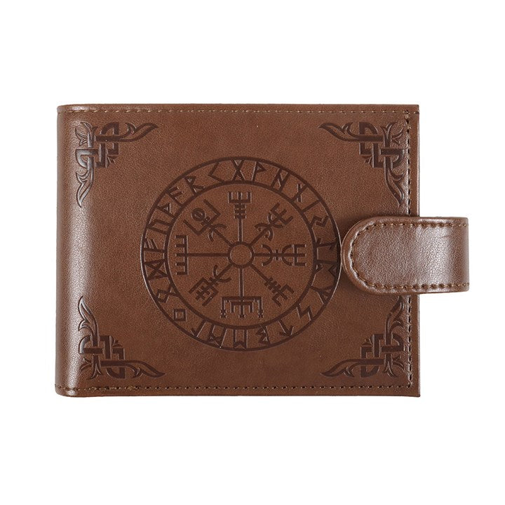 Brown leather wallet with embossed design on a white background