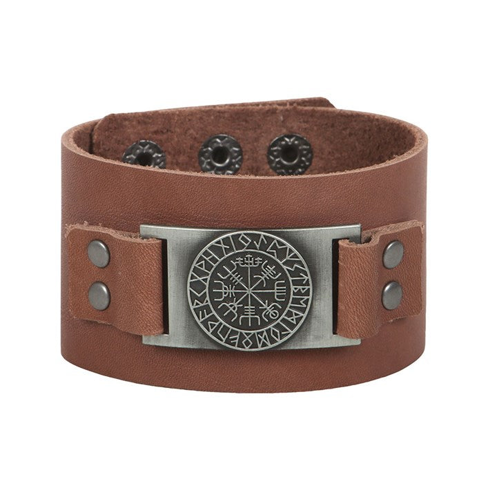 Brown leather bracelet with metal buckle featuring a circular Viking design on a white background