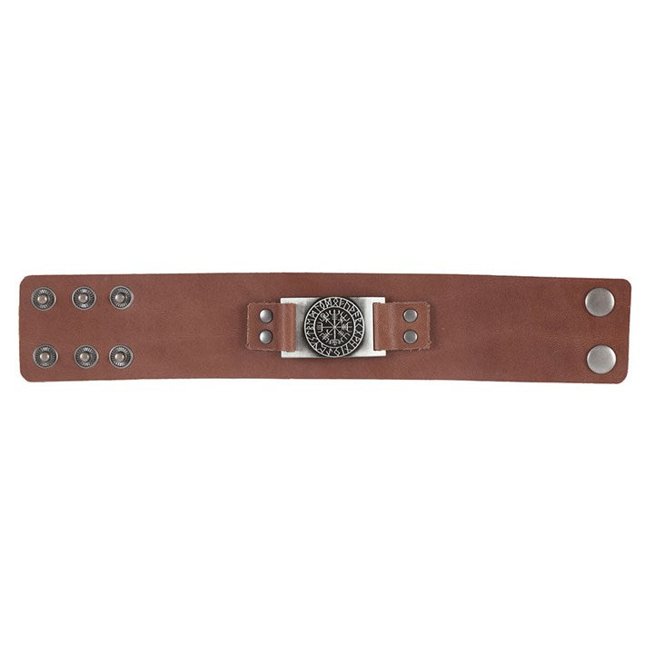 Brown leather bracelet with metal clasp and studs on a white background