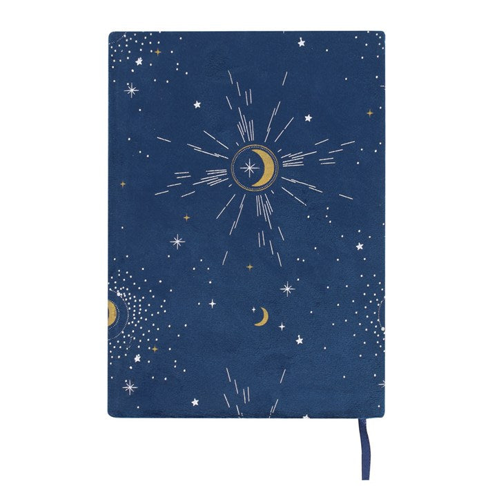 The back of a blue A5 notebook with gold and silver detail