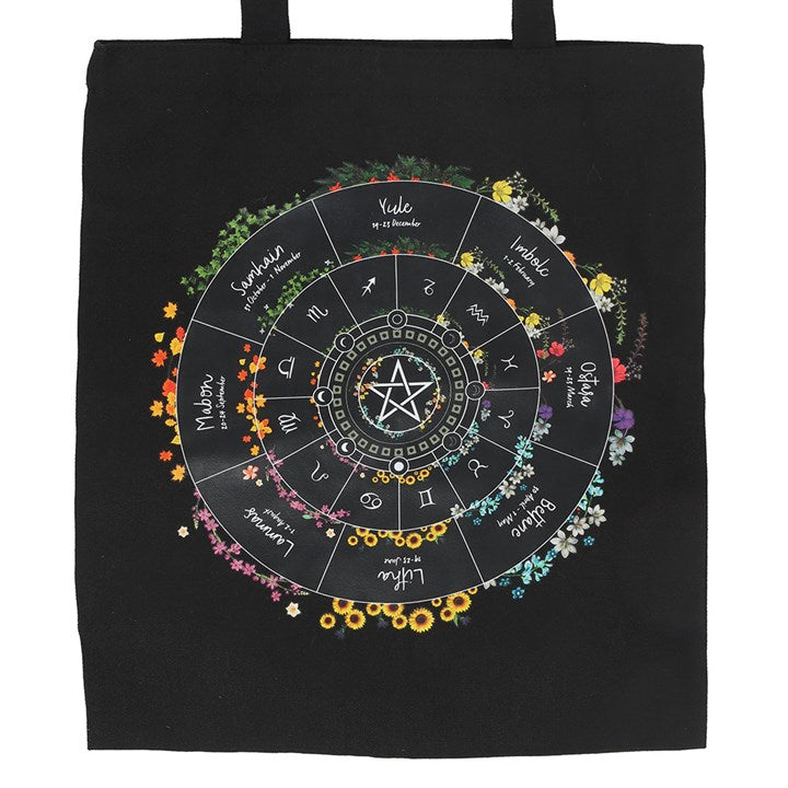 Black tote bag with a colourful wheel of the year design on a white background