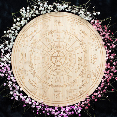 Wooden circular astrological wheel of the year chart with floral decorations on a dark background