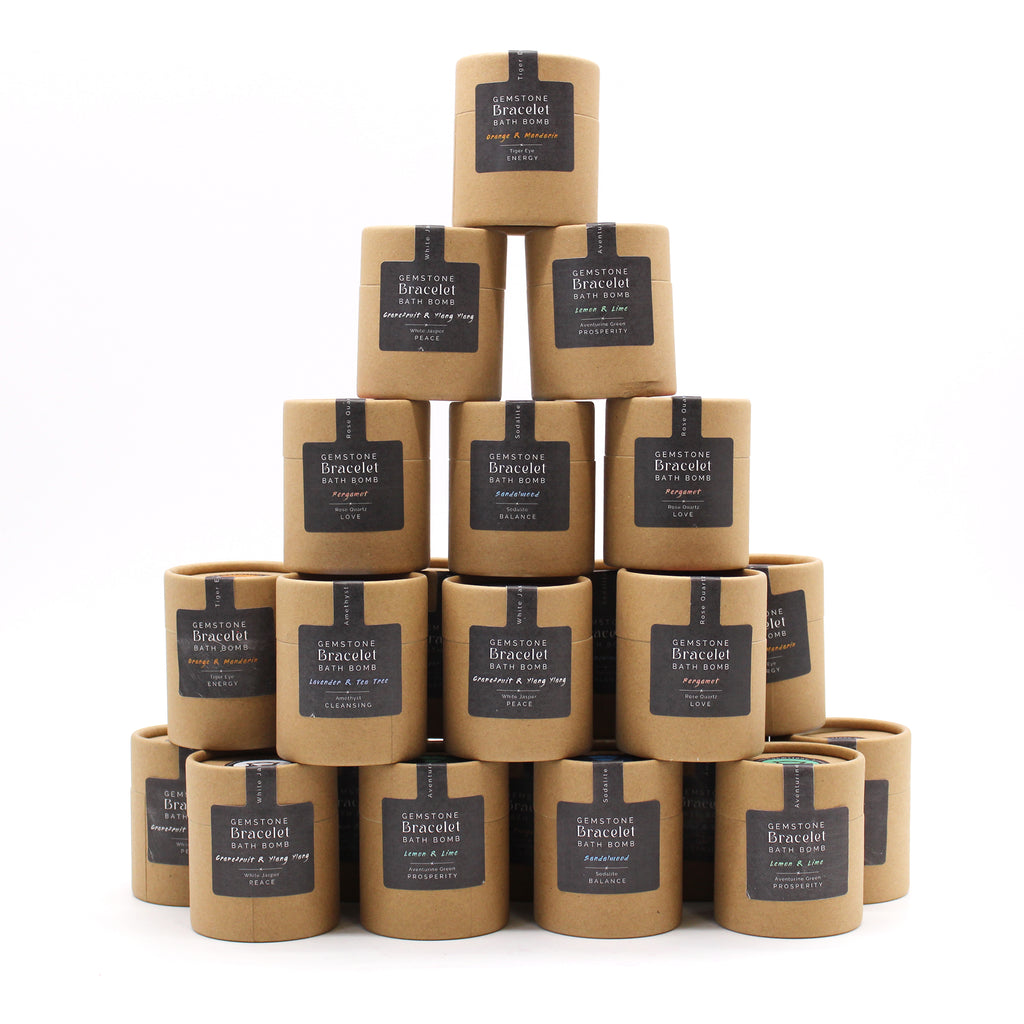 A tower of brown bath bomb boxes