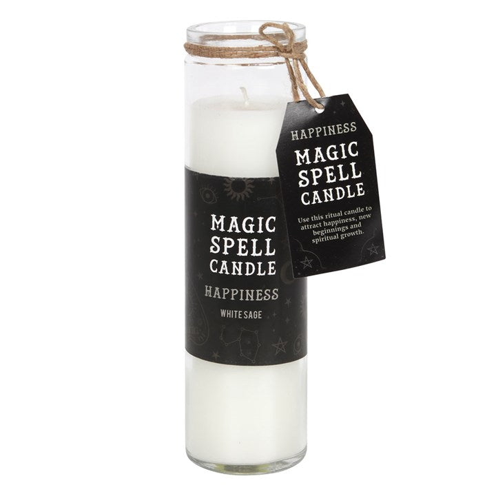 A white tube candle with a label indicating it's a Magic Spell Candle and contains White Sage for Happiness