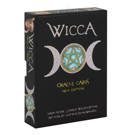 A black boxed set of "Wicca" oracle cards, new edition, by Nada Mesar, Lunaea Wheatherstone. Artwork by Chatriya Hemharnvibul. There is a triple moon motif with a pentagram in the middle. 