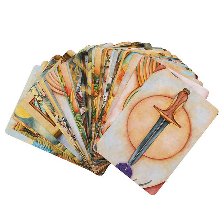 A condensed spread of colourful pastel oracle cards. The top card shows a dagger.
