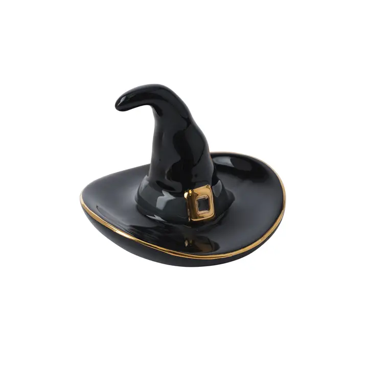 Black witch hat ring holder with gold accents on a white background