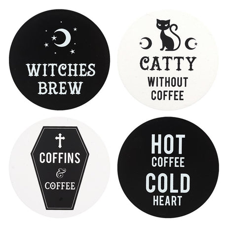 A set of four black coasters with white text and designs. Each coaster has a different witchy phrase related to coffee and witches.