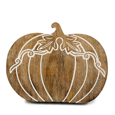 A carved wooden pumpkin decoration with white outline details.