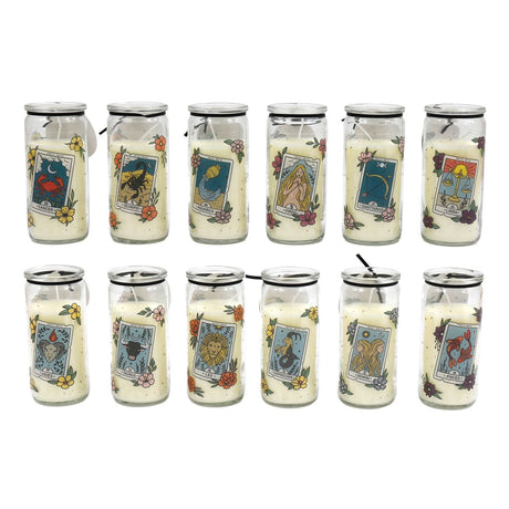 A set of twelve tube candles, each with a different Zodiac tarot card design and floral patterns.