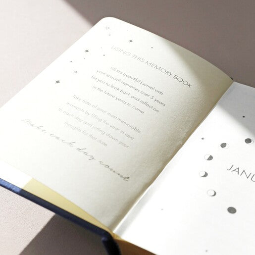 An open navy blue journal featuring moon phases 