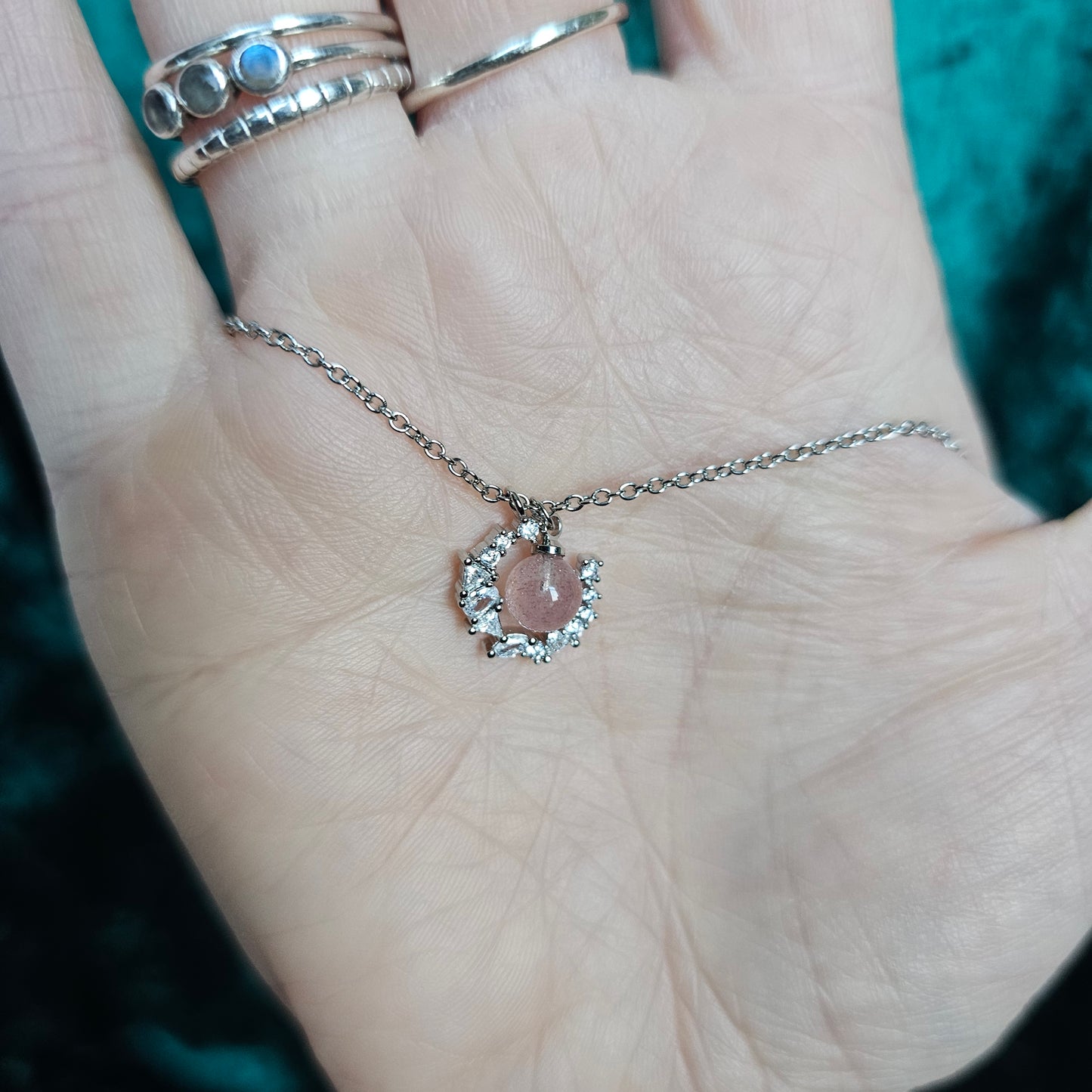 Strawberry Quartz Crystal Moon Pendant Necklace