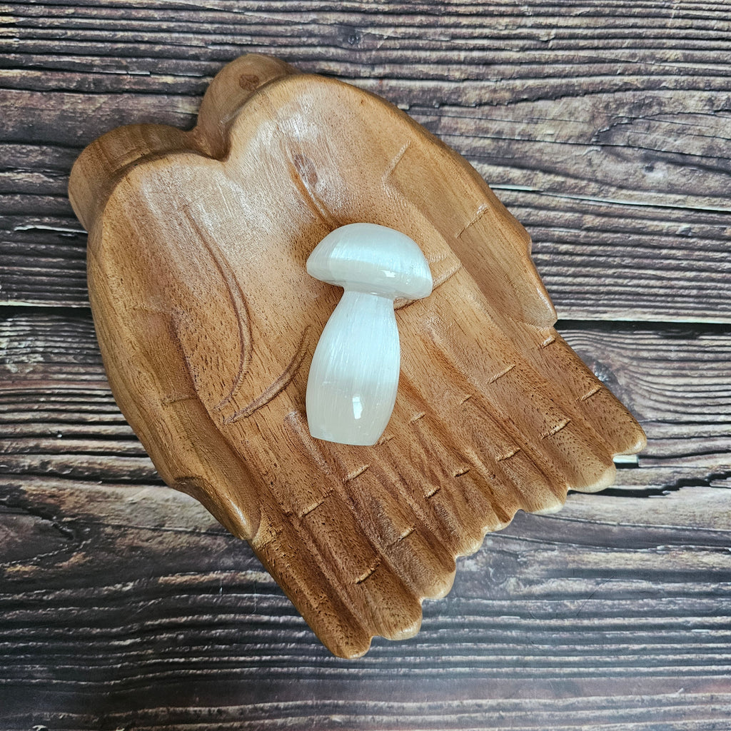 A selenite crystal mushroom sits in a pair of wooden hands.